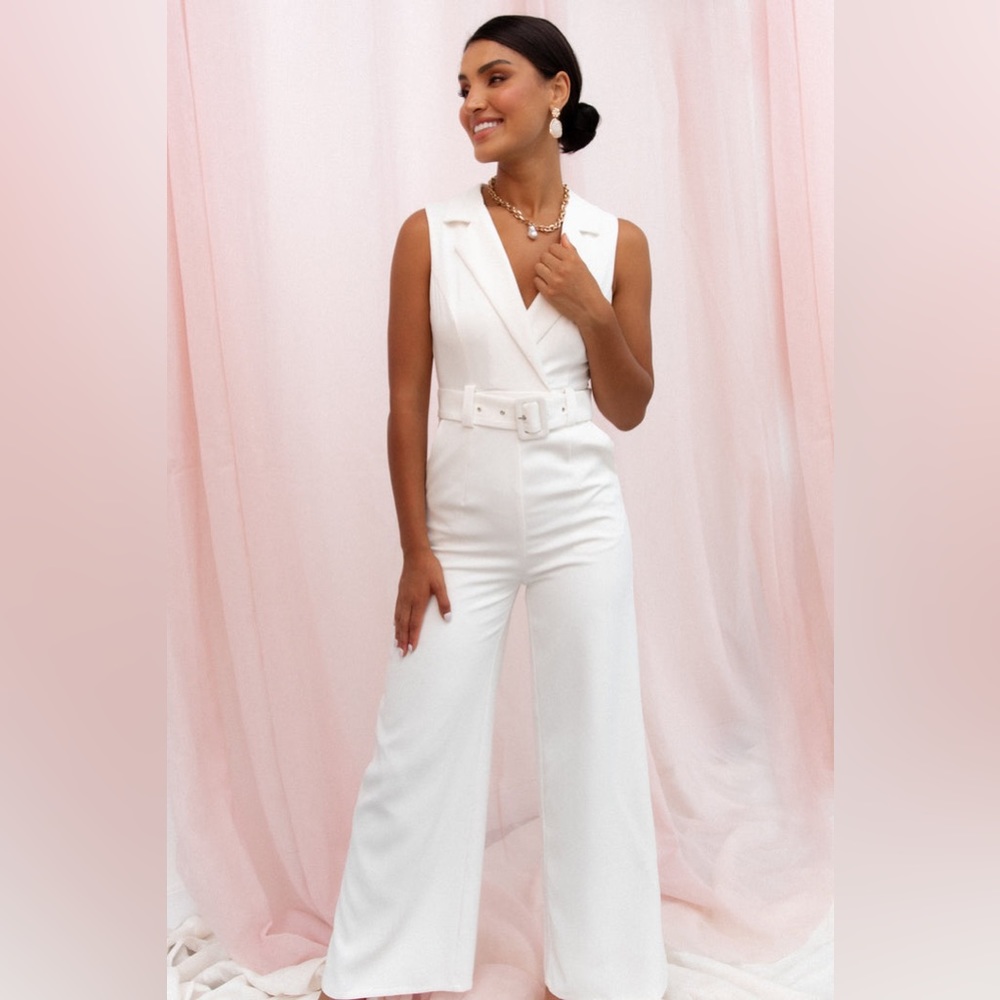 Petal & Pup Classy White Belted Jumpsuit